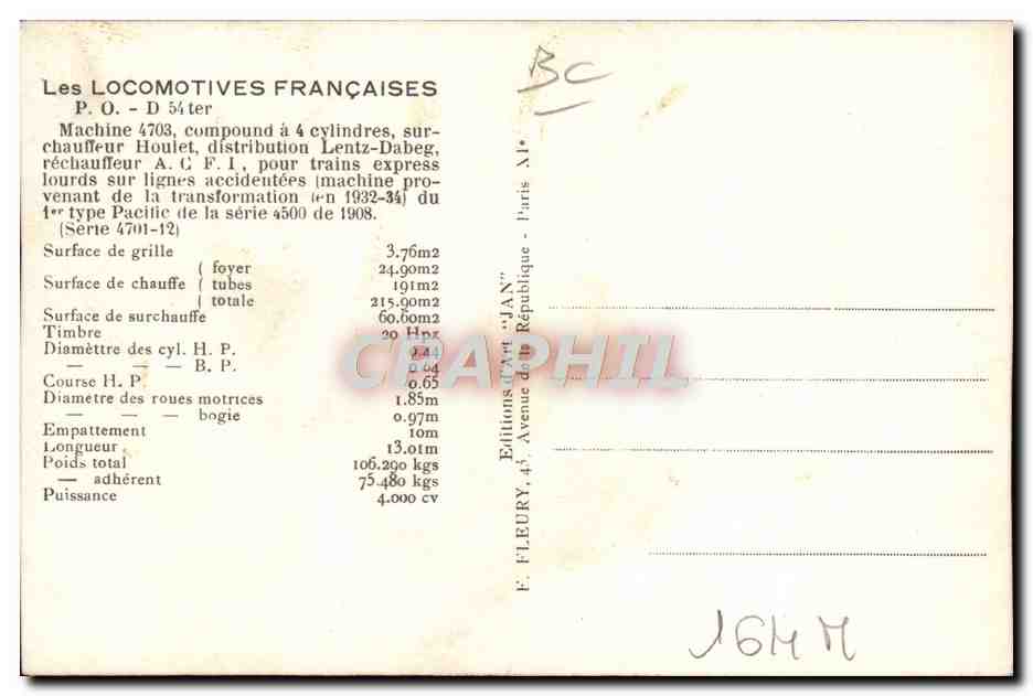 CPA Train Locomotive Machine 4703 compound a 4 cylindres surchauffeur Houlet distribution Lentz Dabeg — Verso
