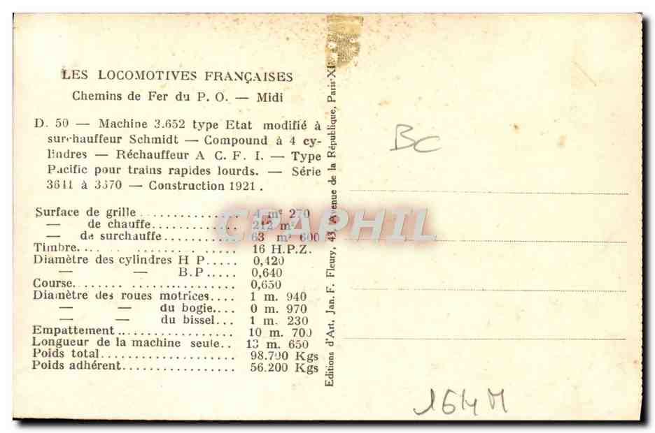 CPA Train Locomotive Chemins du fer du PO Machine 352 a surchauffeur Schmidt — Rückseite
