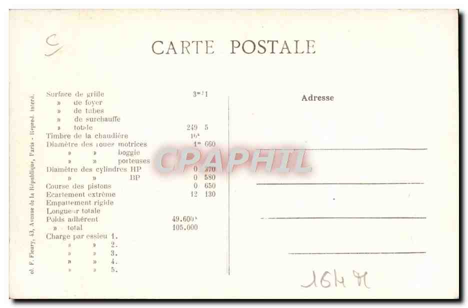 CPA Train Locomotive Machine Tender 5505 compound a 4 cylindres — Verso