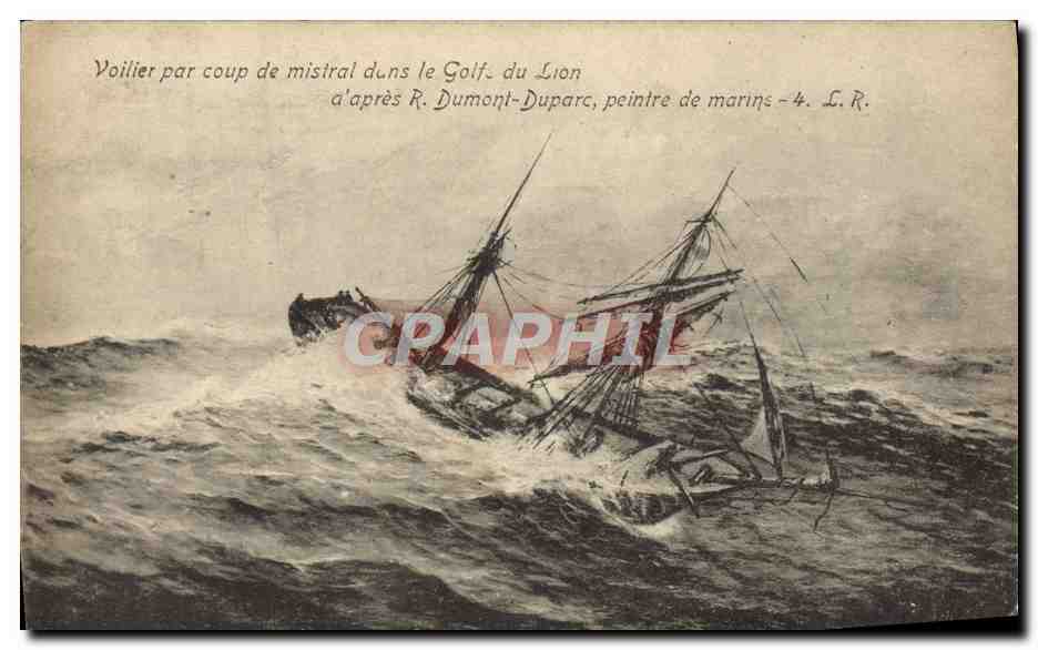 Voilier par coup de mistral dans le Golfe du Lion — reproduction d'après R. Dumont-Duparc, peintre de marins — L. R. n°4