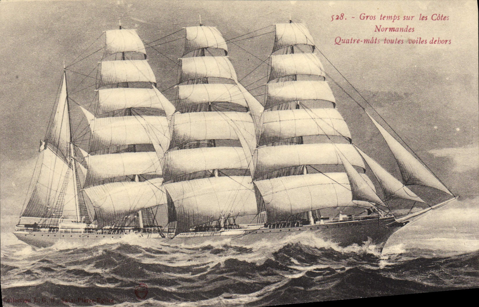 Gros temps sur les Côtes Normandes — Quatre-mâts toutes voiles debors — Collection L. G. Saint-Pierre-Bellet, n° 528