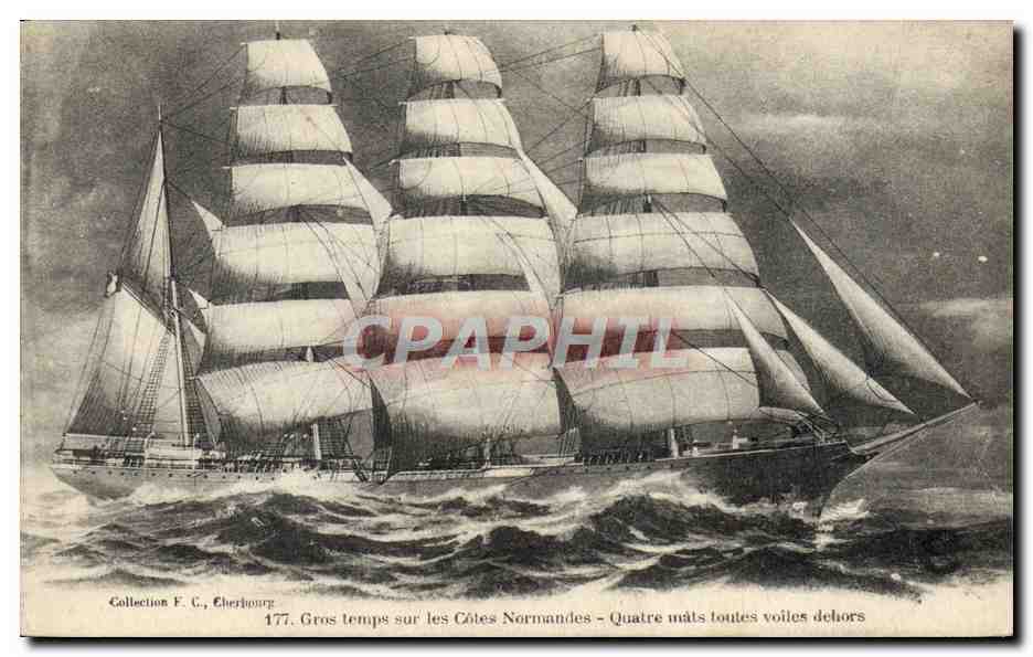Gros temps sur les Côtes Normandes — Quatre mâts toutes voiles dehors — Collection F. C., Cherbourg