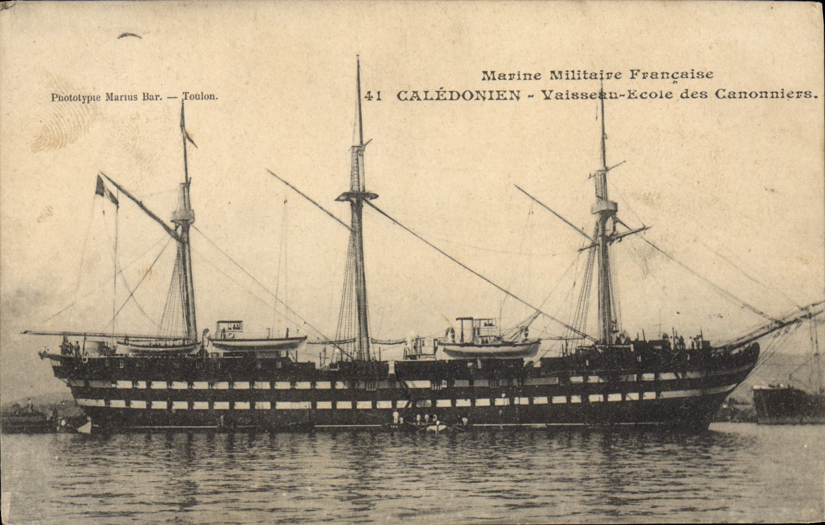 Calédonien — Buque escuela de Cañoneros — Marina Militar Francesa — Fototipia Marius Bar — Toulon.