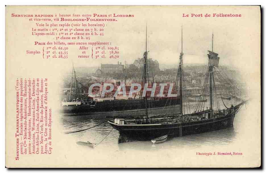 Le Port de Folkestone — services transatlantiques — phototypie J. Bivrainé, Reims