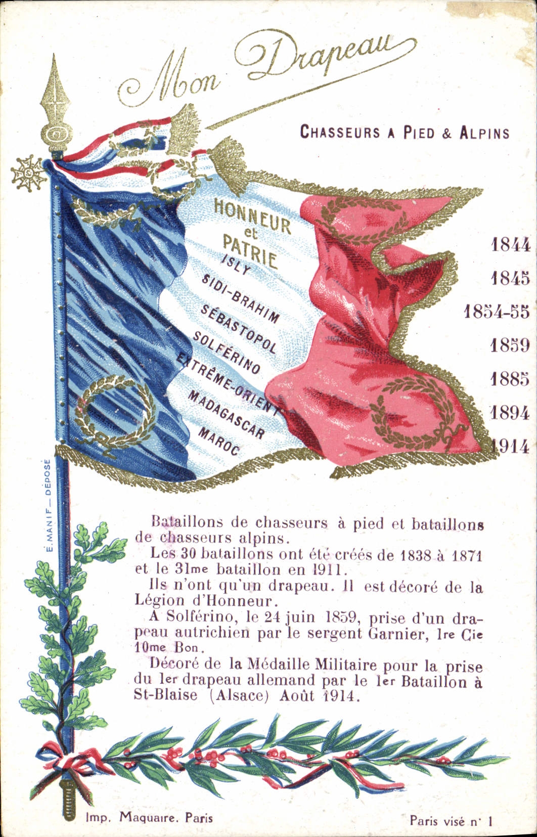Drapeau des Chasseurs à Pied & Alpins — Honneur et Patrie — Imp. Maquaire, Paris