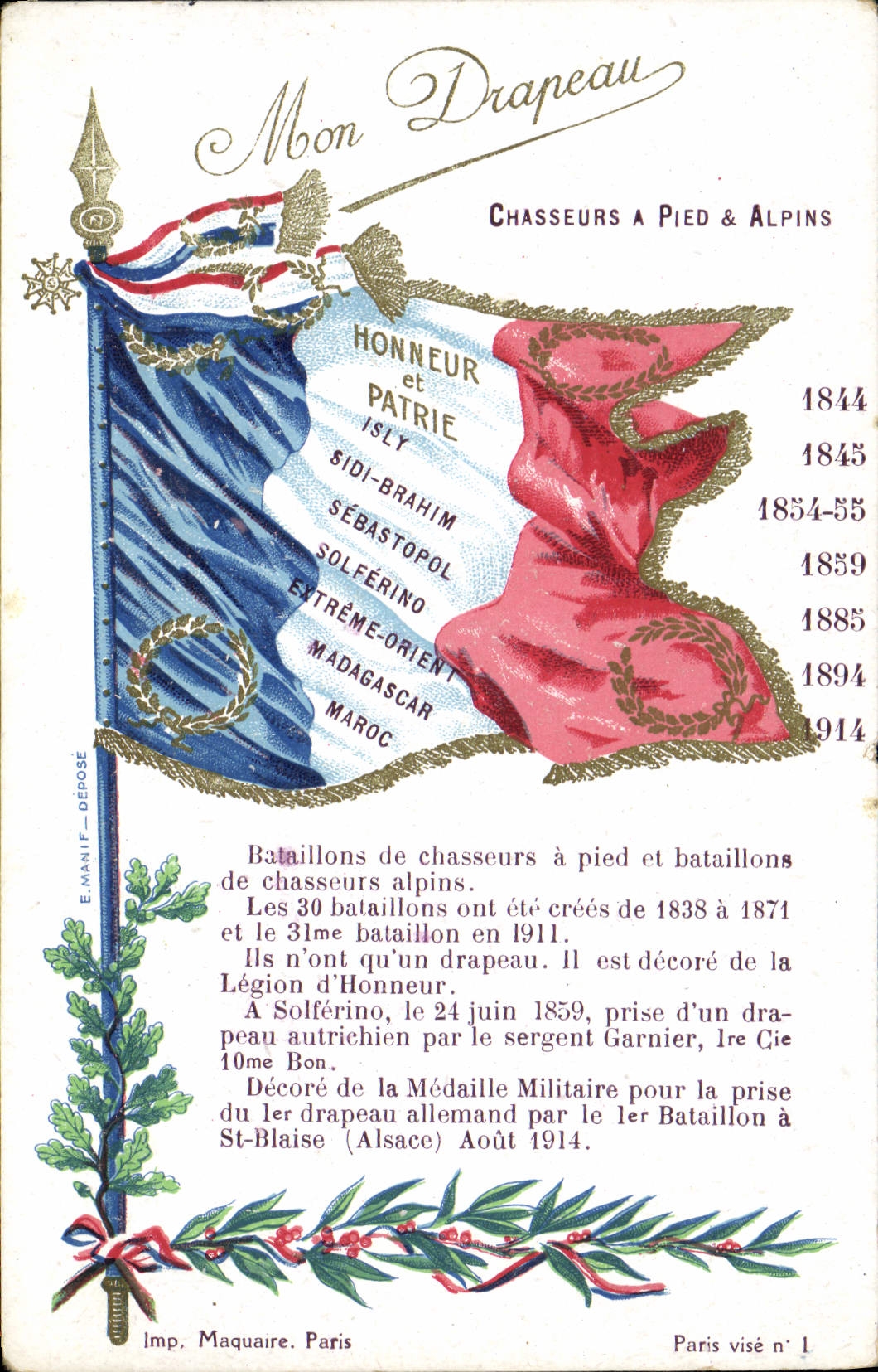 Drapeau des Chasseurs à Pied & Alpins — Honneur et Patrie — E. Manif - Déposé