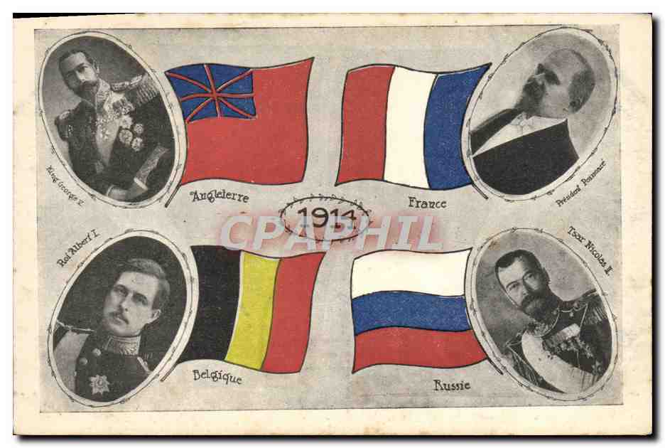 CPA Militaria Drapeaux Angleterre France Belgique Russie Russia Roi Albert 1er Nicolas II Poincare George V