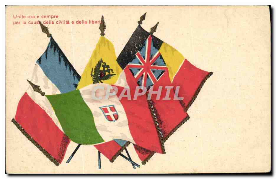 CPA Militaria Drapeaux Russie Russia Belgique France Italie