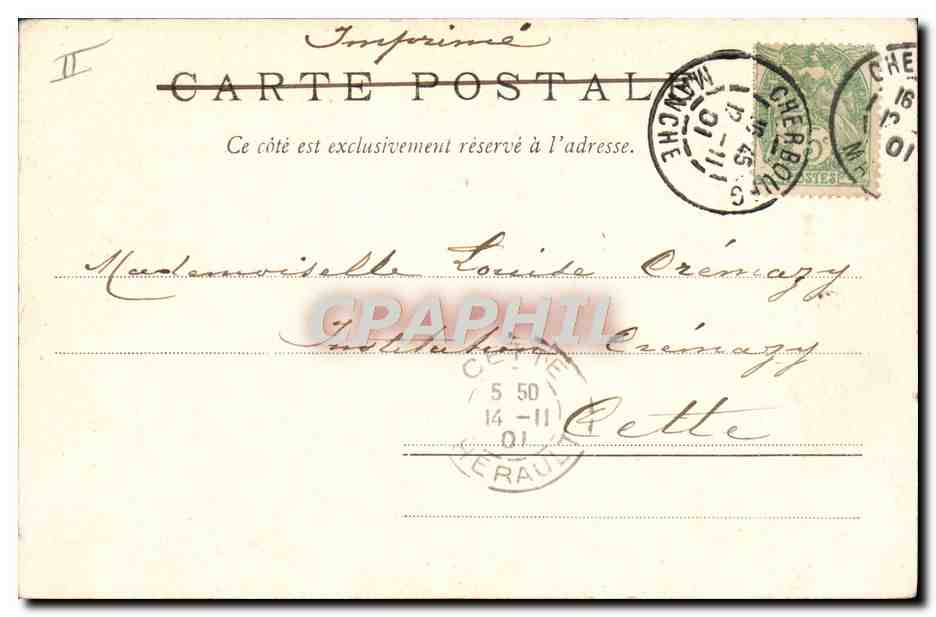 CPA Cherbourg Le grand theatre et fontaine Mouchel — Verso