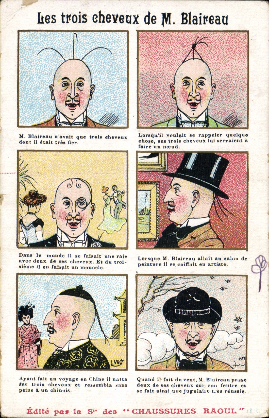 Les trois cheveux de M. Blaireau — bande dessinée humoristique — Édité par la S. des « Chaussures Raoul »