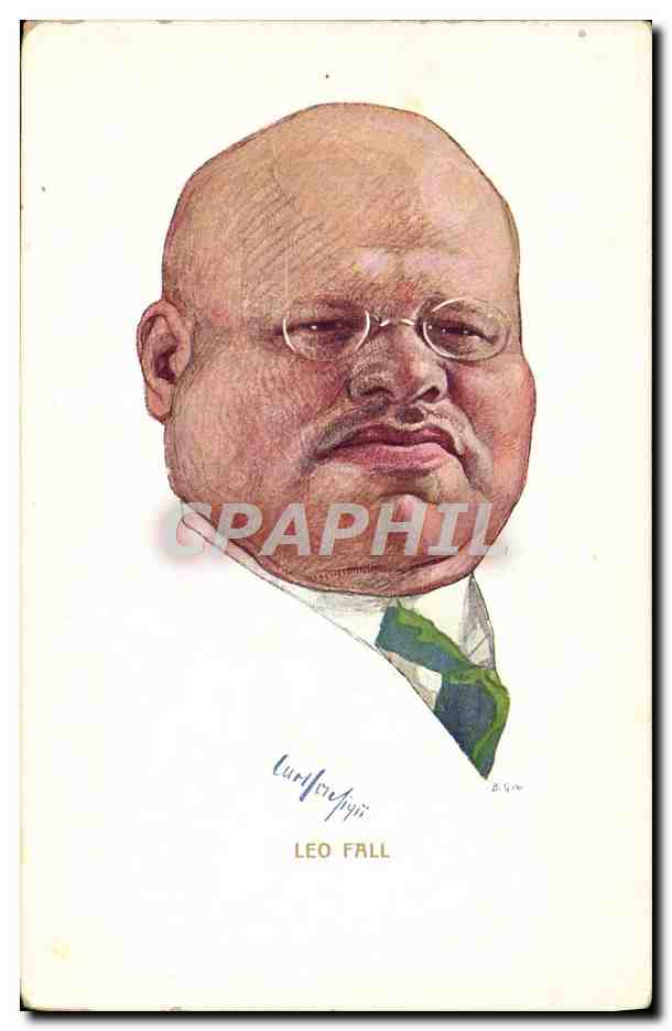 Caricature de Leo Fall — dessin signé 'Curfoujji' — éditeur B. K. W. I. 296-1