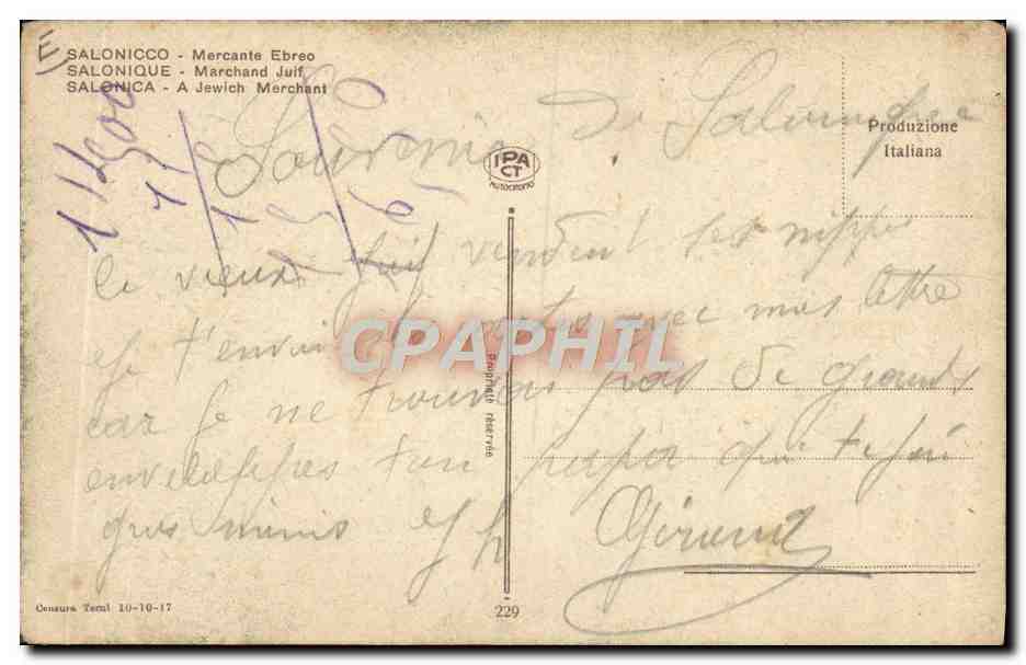 Salonique - Marchand Juif — Production Italienne, n°229 — Verso