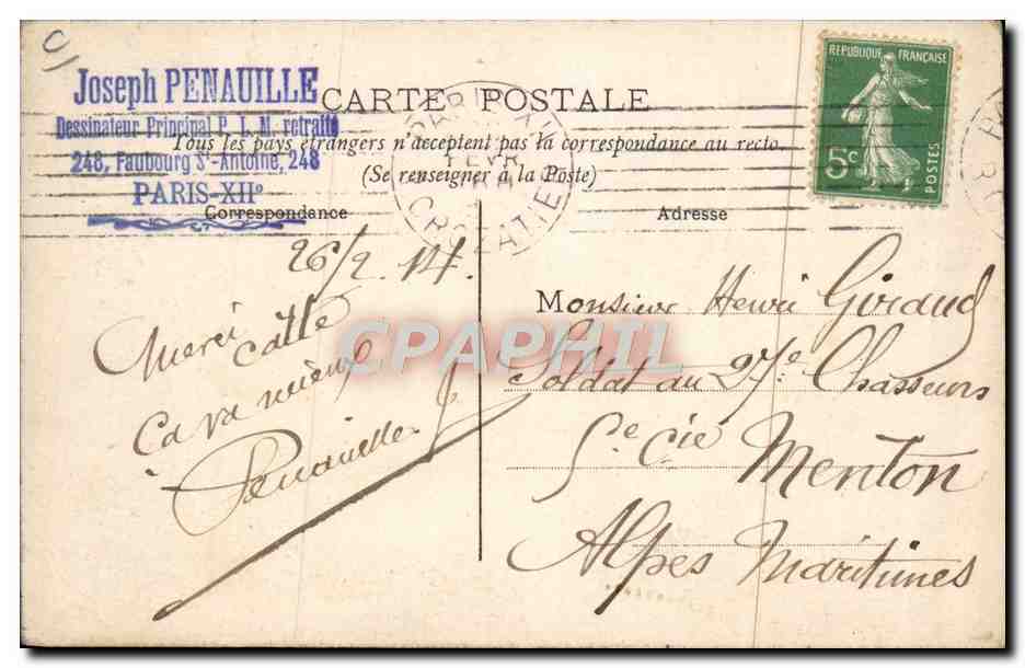 Paris — Ankunft der italienischen Boten am 12. Juni 1909 — Gondry, Verlag Paris — Rückseite