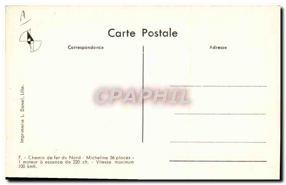 CPA Train Locomotive Chemin de fer du Nord Micheline a 36 places — Rückseite