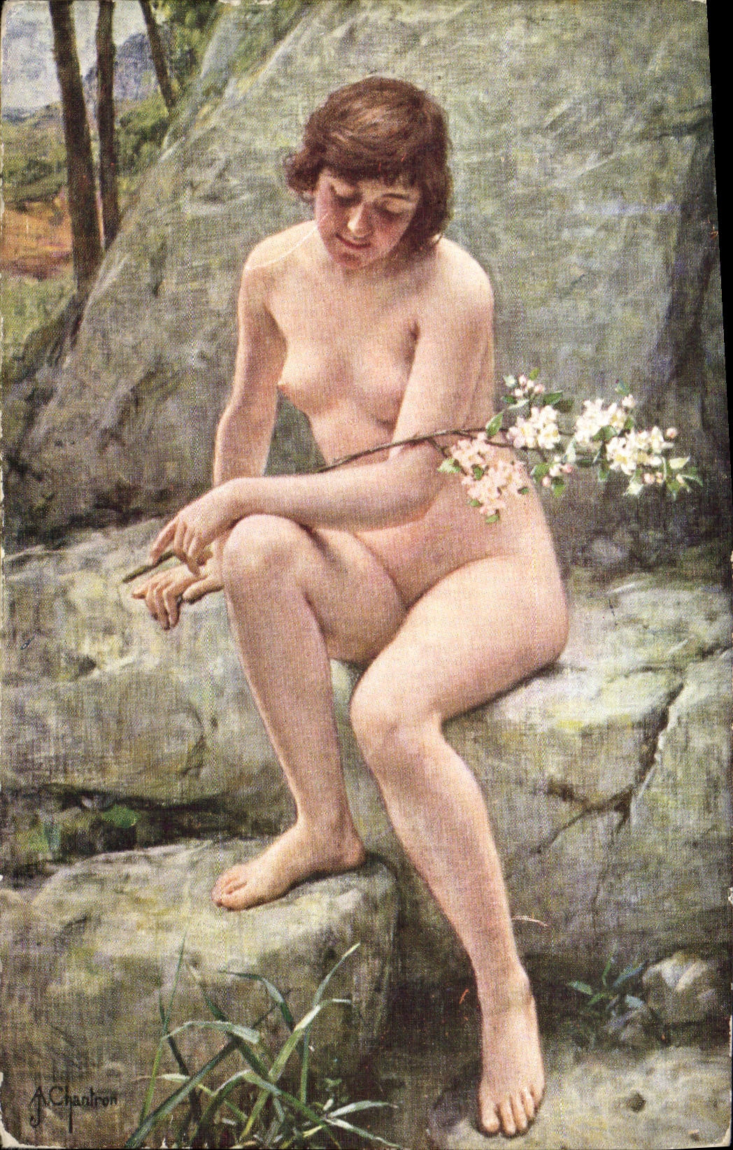 Femme nue assise sur une roche — printemps — A. Chantrion, n° 988