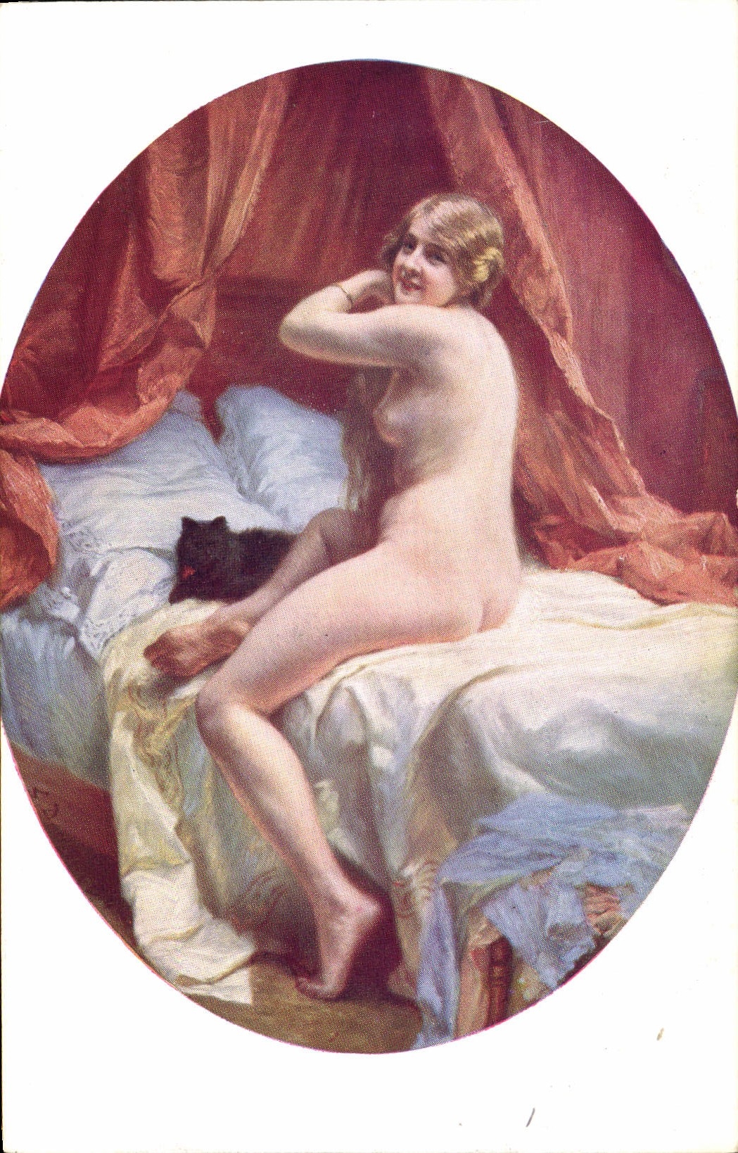 Jeune femme nue sur lit — avec chat noir — éditeur L. Deutsch, N° 718