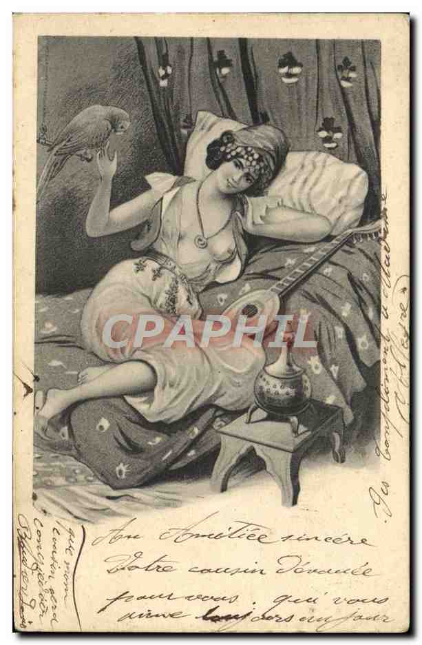 Orientalische Frau mit Papagei — intime Szene — Verlag unbekannt