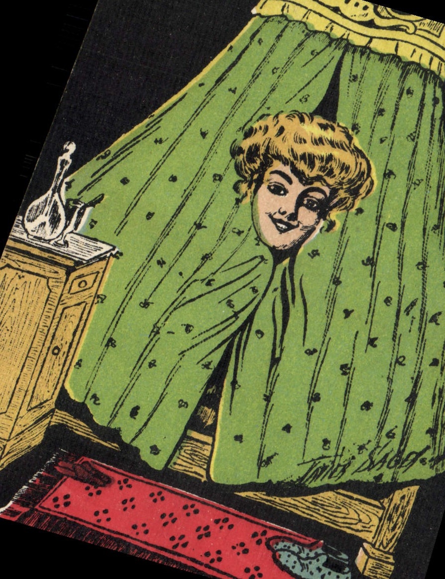 Mujer sonriente detrás de cortina verde — ilustración — Timi Saco