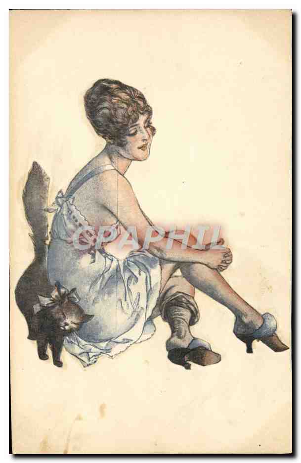 Giovane donna seduta con un gatto — illustrazione — editore sconosciuto