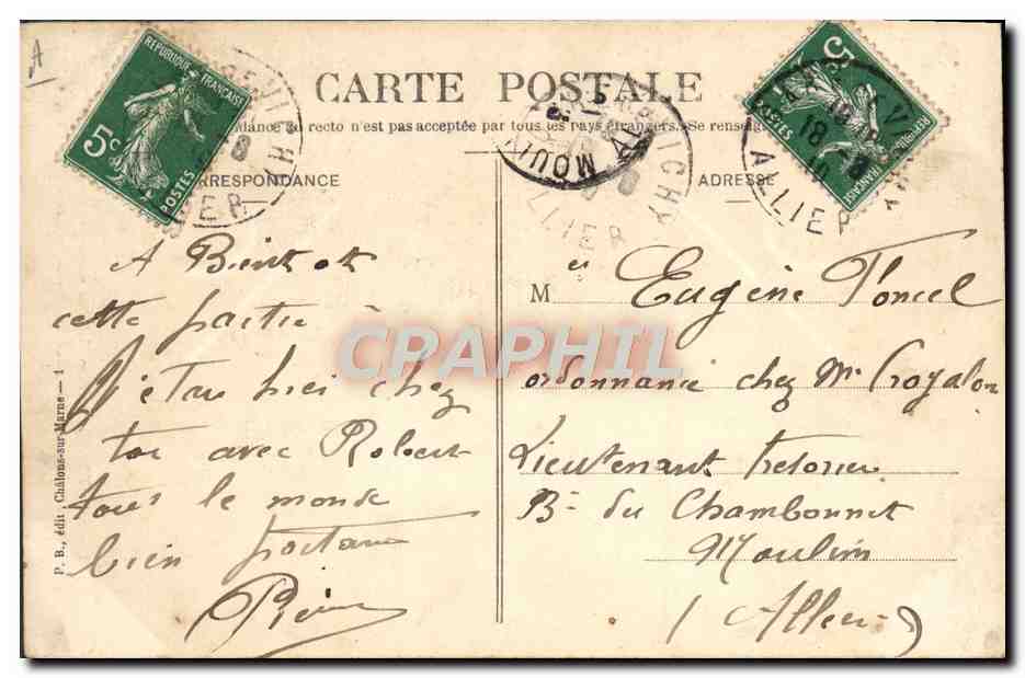 Los amigos Tumelin y Tumelèche se reparten un pez — Tumelin toma la cabeza, Tumelèche la cola — P. B., edit. Châlons-sur-Marne — Reverso