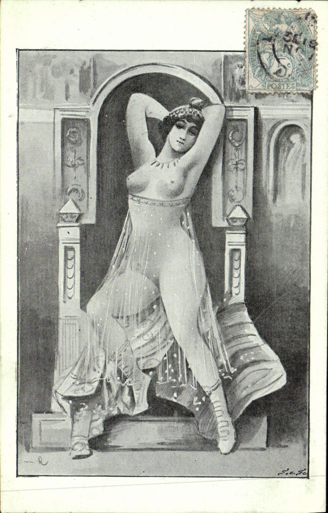 Danseuse nue dans un décor antique — gravure signée F.a.F. — éditée par la Société des Arts