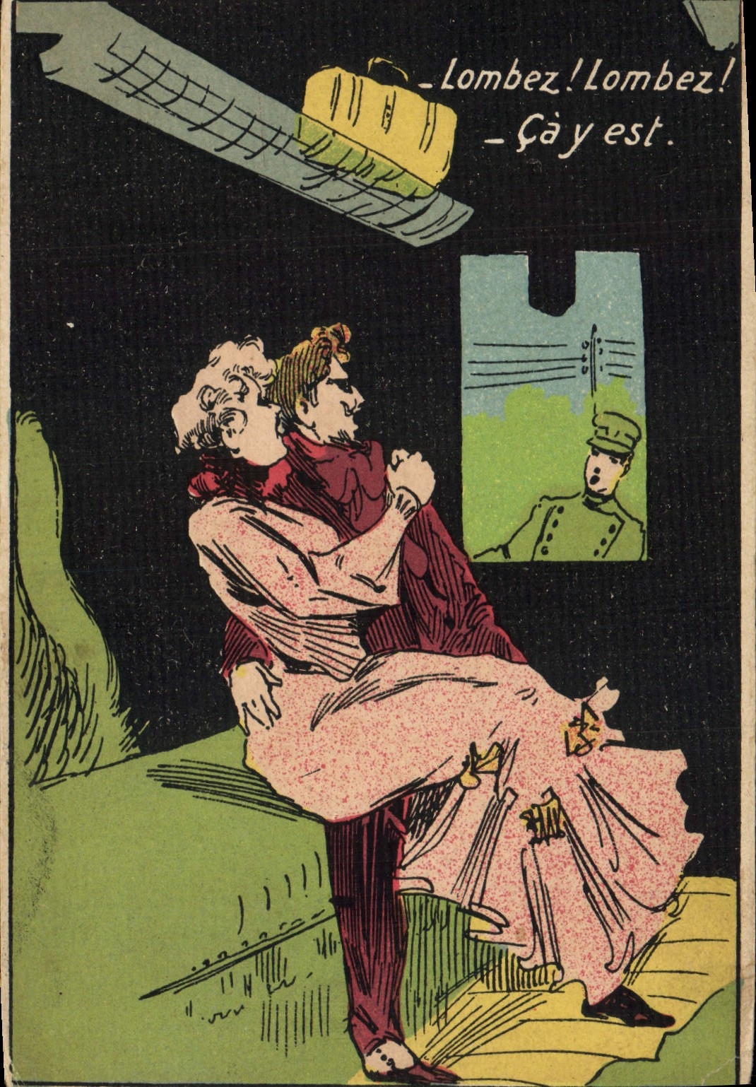 Scène de couple dans un wagon — dessin humoristique — éditeur non visible