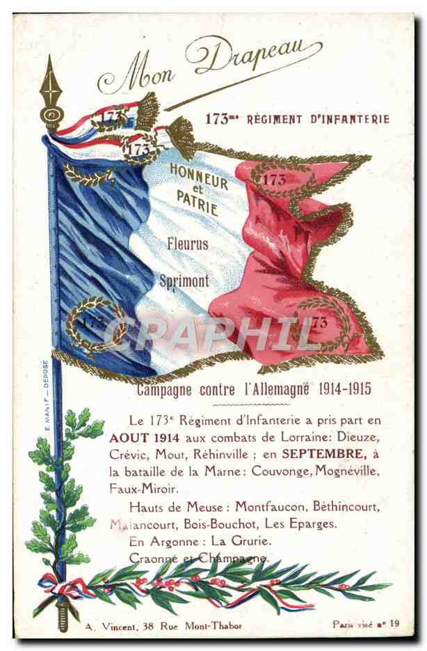 CPA Militaria 173eme regiment d'infanterie Drapeau