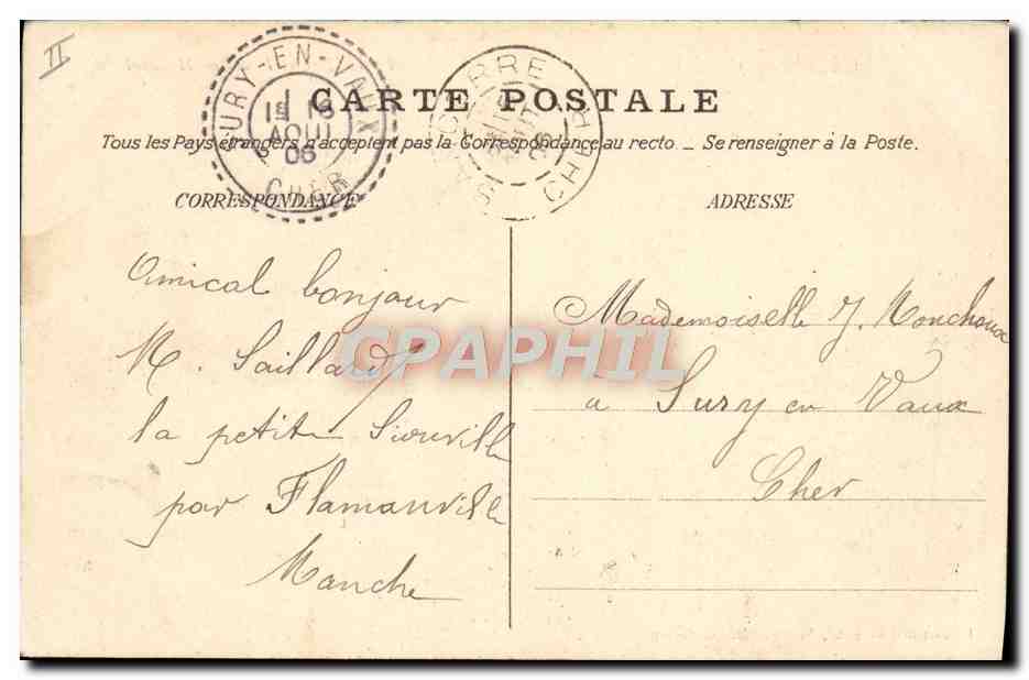 CPA Le Theatre et fontaine Monchel Cherbourg Tramway — Rückseite