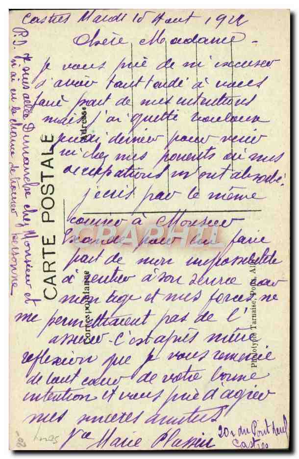 Castrès (Tarn) — Le Théâtre — Vue du Jardin de l'Exéché — Edit. P. Terrières, Castres — Verso