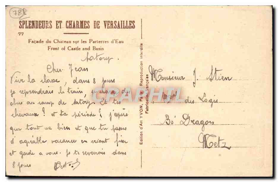 Vintage Postcard Parc de Versailles Facade of the Chateau on the Water Parterres — Back