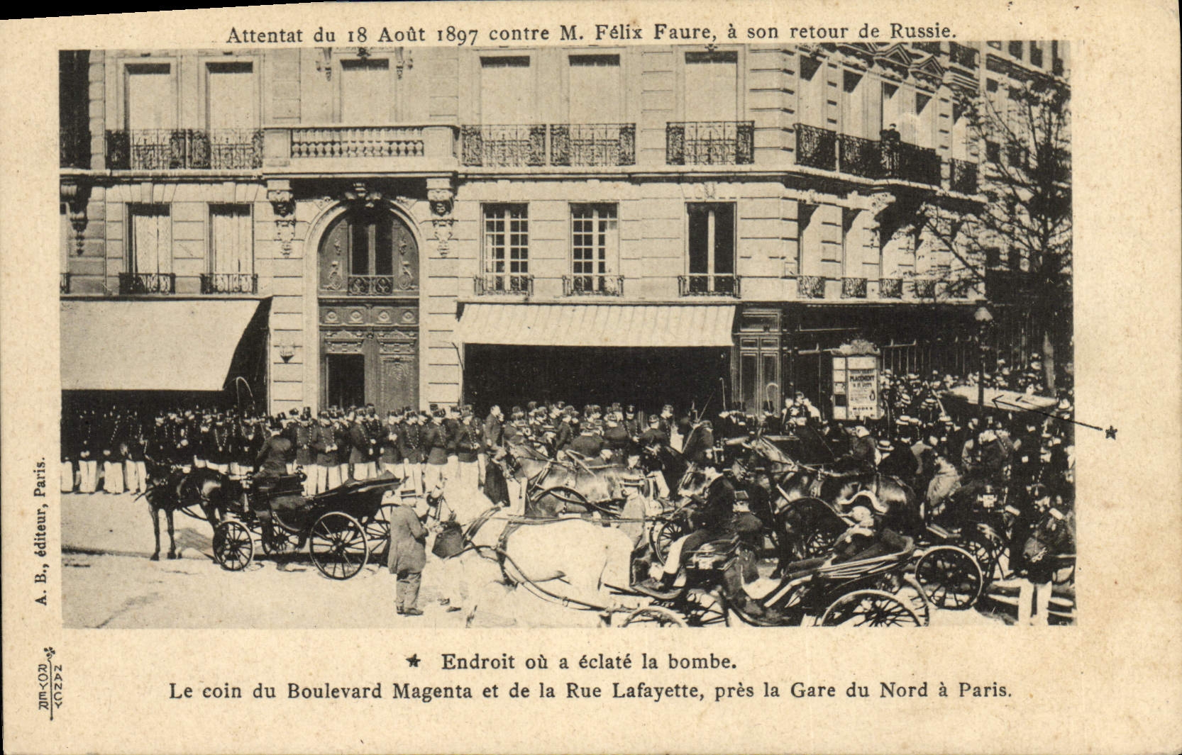 Attentat du 18 Août 1897 contre M. Félix Faure, à son retour de Russie — A. B., éditeur, Paris, n° 20292