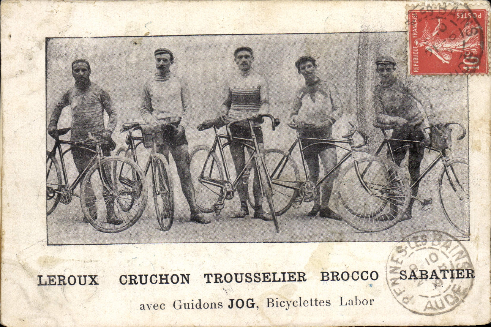 Cyclistes Leroux, Cruchon, Trousselier, Brocco, Sabatier — avec Guidons Jog, Bicyclettes Labor — Rennes-les-Bains