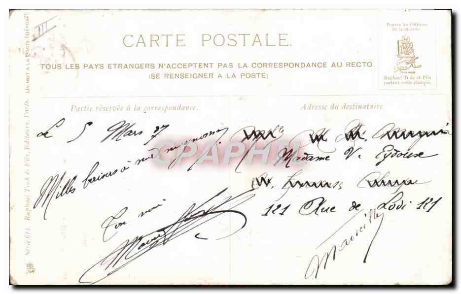 Ein fröhlicher Umzug — Nach dem Schwarz-Weiß — Raphael Toul & Fils, Paris, Serie 603 — Rückseite