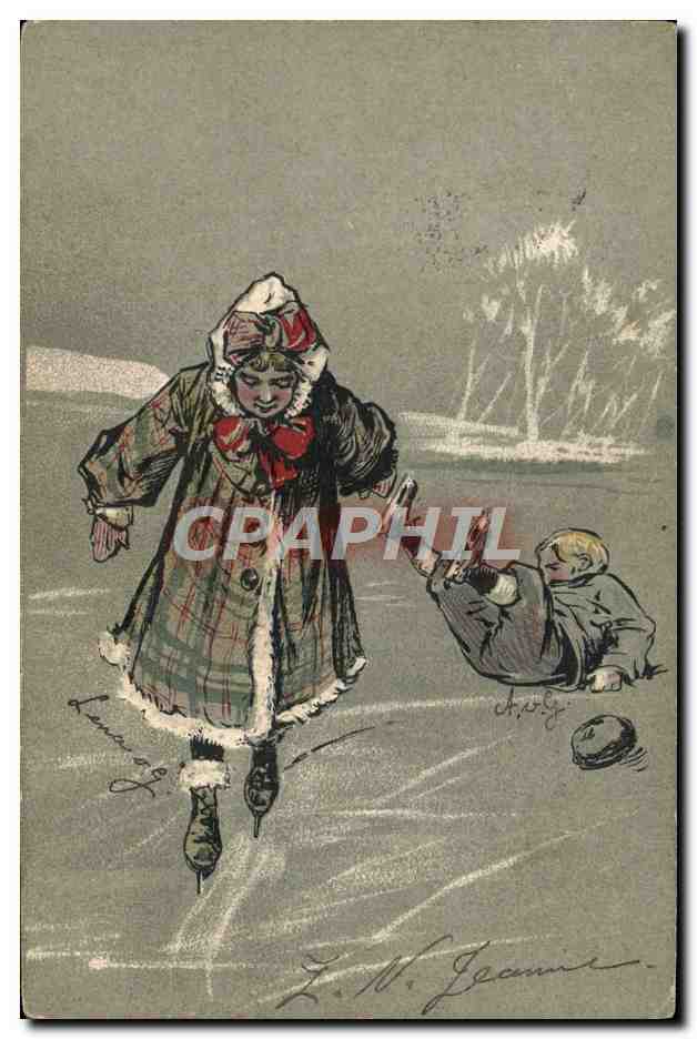 Femmes et enfants patinant — illustration de L. N. Jeanne — éditeur inconnu