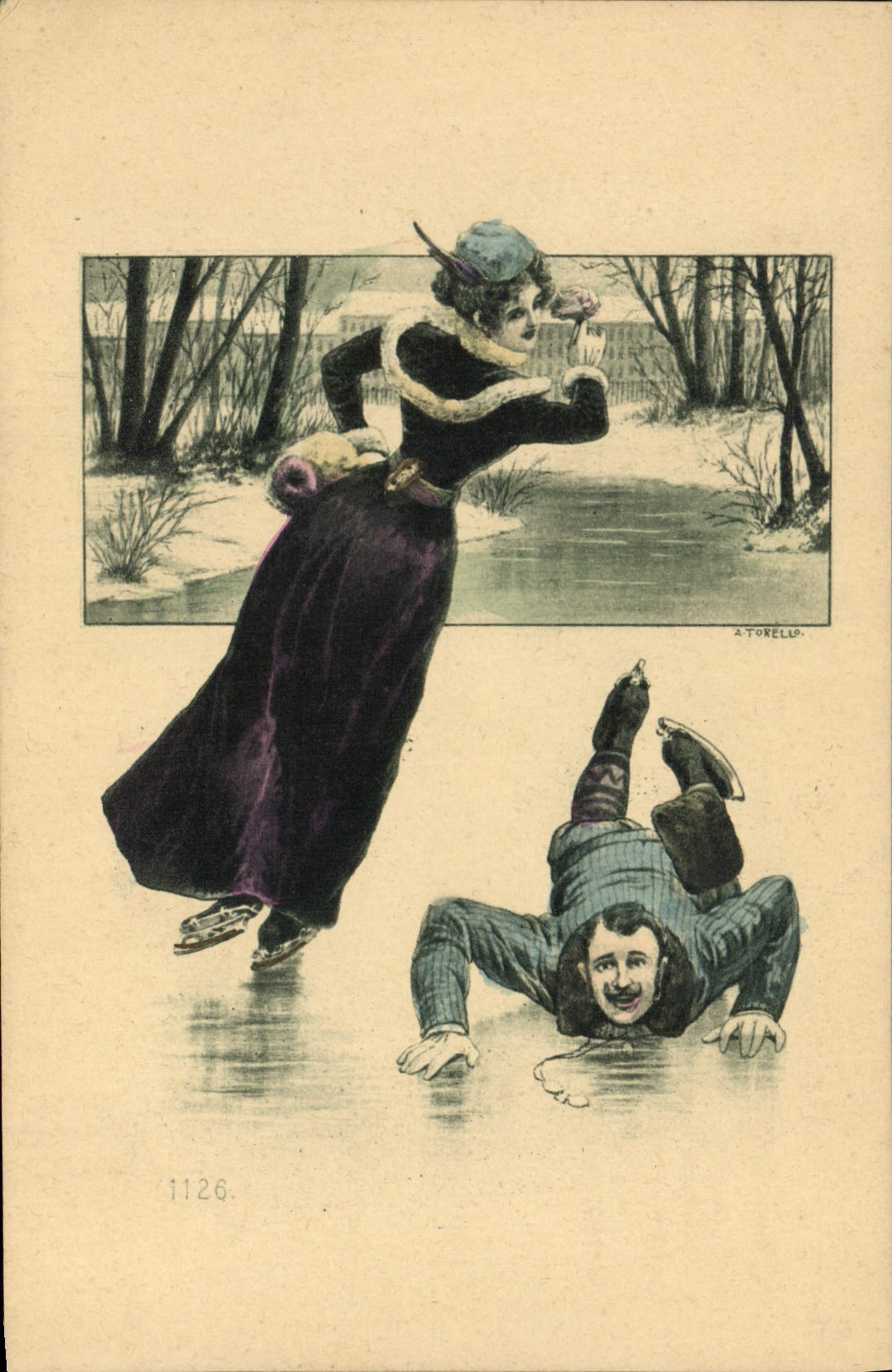 Femme et homme patinant — scène comique — A. Torello, n° 1126