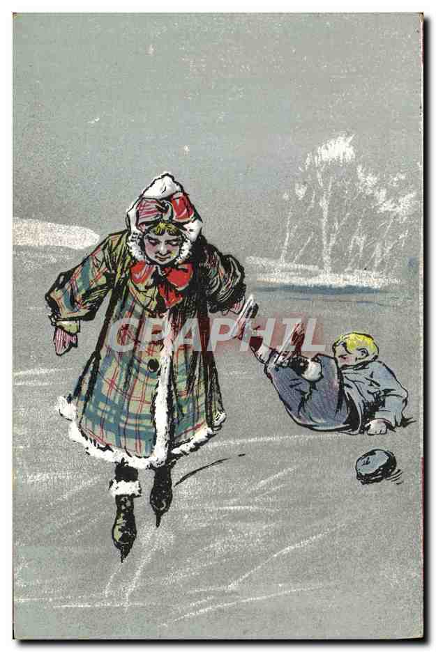 Femmes et enfants patinant — scène hivernale — carte postale française