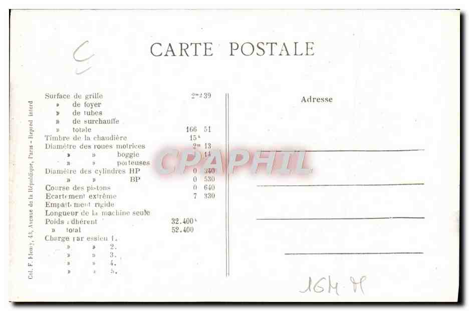 CPA Train Locomotive Machine 2168 Compound 4 cyl — Verso