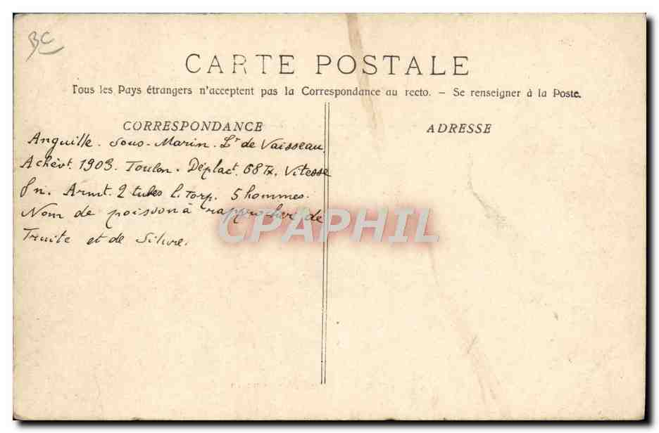 CPA Bateau de guerre L'Anguille Sous-marin — Verso