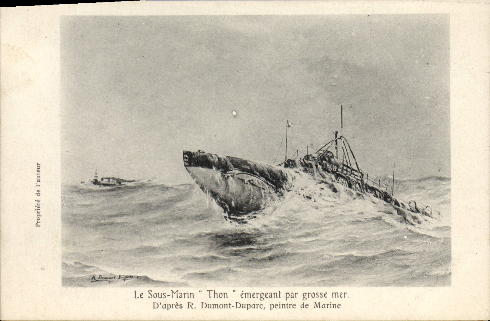 CPA Bateau de guerre Sous-marin Thon emergeant par grosse mer Dumont Duparc 
