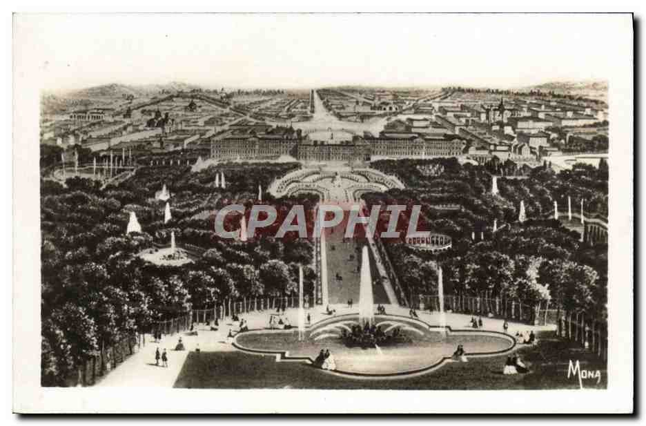 Les petits tableaux de Versailles — vue aérienne du château et des jardins — éditeur Mona, n° 1370
