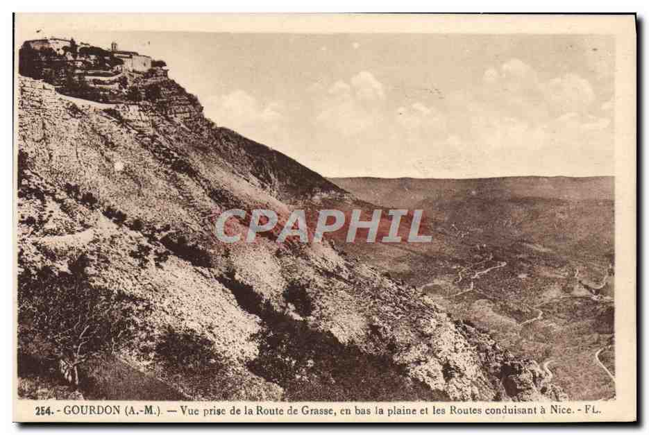 Gourdon (A.-M.) — Vue prise de la Route de Grasse, en bas la plaine et les Routes conduisant à Nice — F.L.