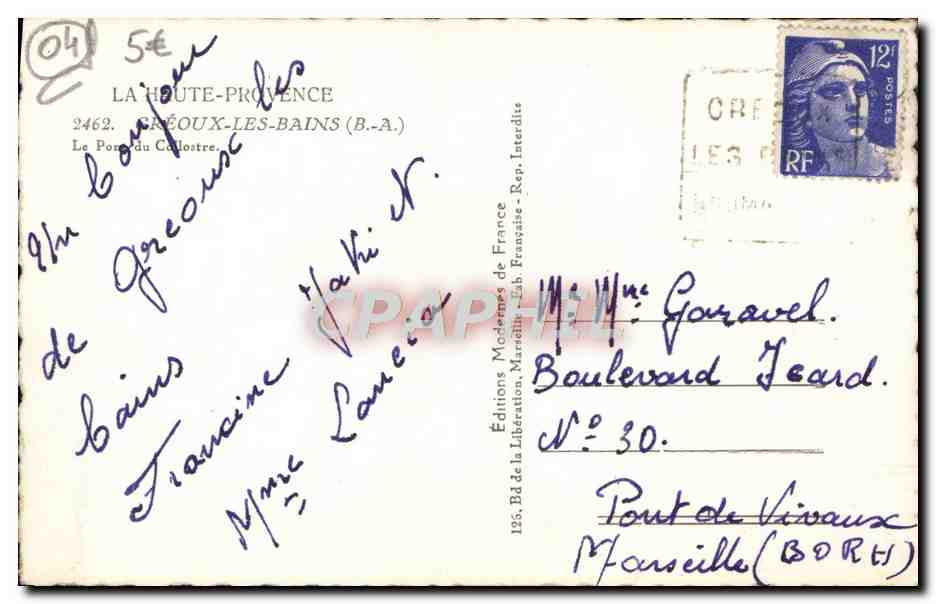 CPA Greoux Les Bains Le pont du collostre  — Rückseite