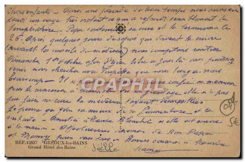 CPA Greoux Les Bains Grand hotel des Bains  — Rückseite