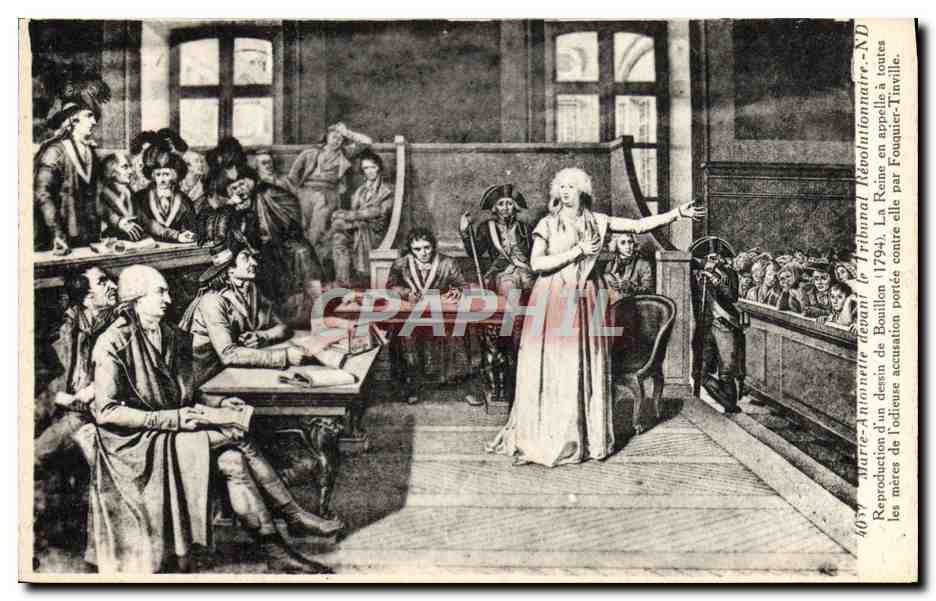 Marie-Antoinette vor dem Revolutionären Tribunal — Nachbildung eines Zeichnungs von Bonillon (1794) — Verleger: Levy & Neurden Réunis, Paris
