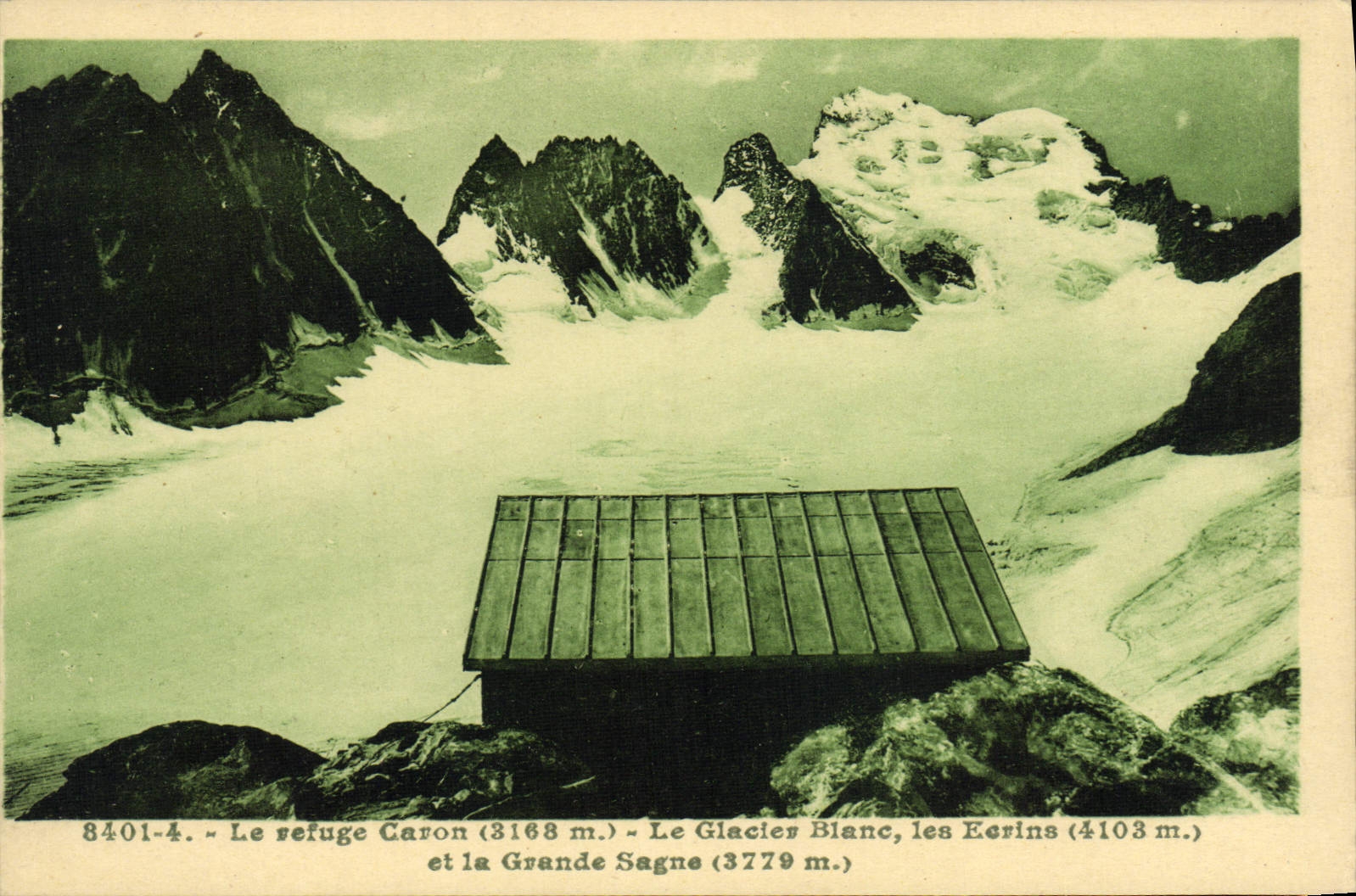Le refuge Caron (3168 m.) — Le Glacier Blanc, les Écrins (4103 m.) et la Grande Sagne (3779 m.) — A. Hourlier, Gréouble