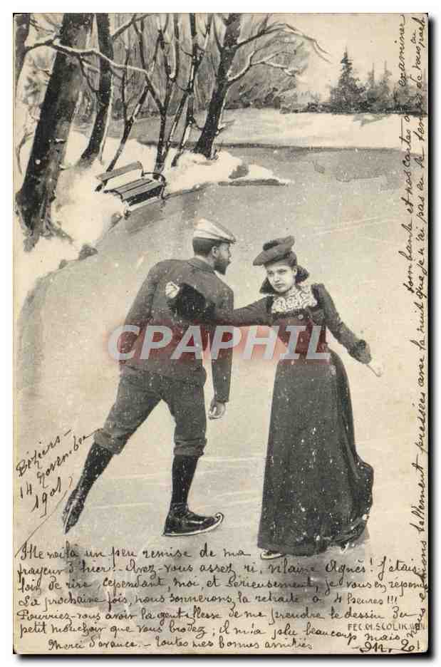Deux personnes sur une patinoire enneigée — Béthiers, 14 novembre 1909 — éditeur non identifié, n° de série 832