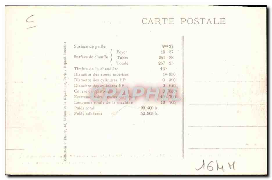 CPA Train Locomotive Machine 3512 a vapeur saturee — Verso