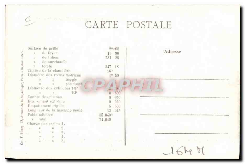 CPA Train Locomotive Machine 4726  — Verso