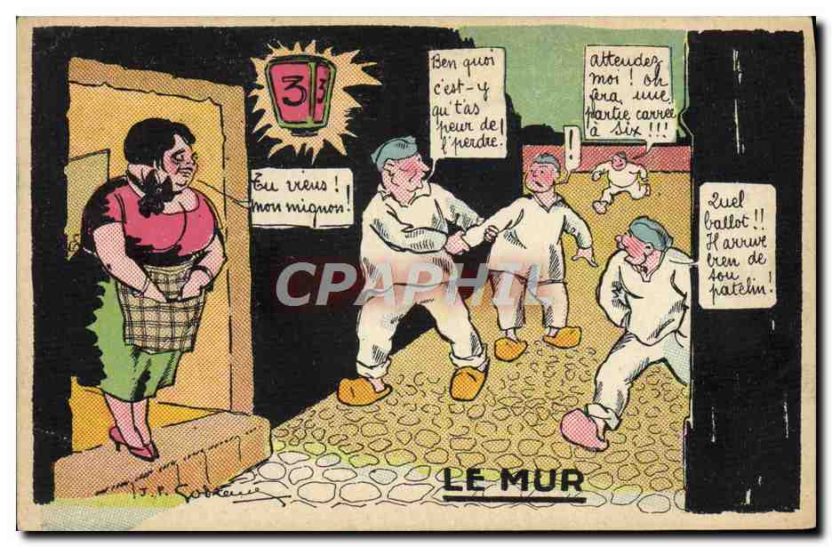 Le Mur — straatscene met personages en dialoog — uitgever : GARDE & VDS! (achterkant)