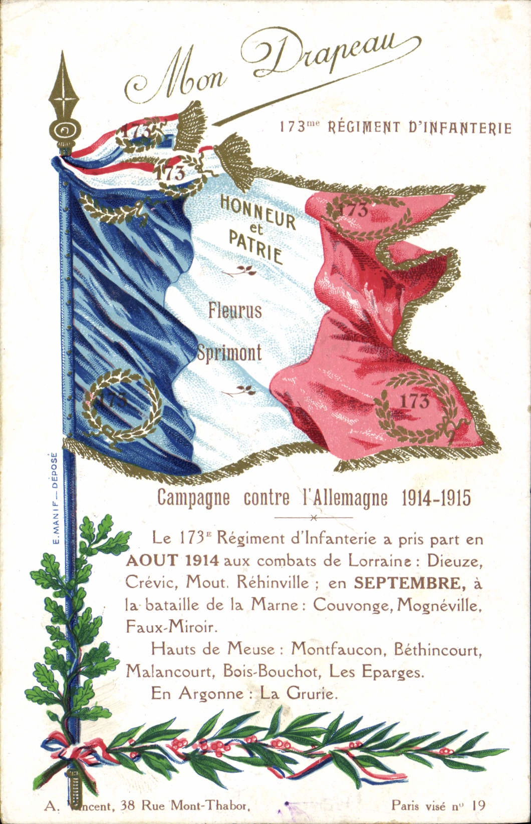 Mi Bandera — 173° Regimiento de Infantería — E. Manif Déposé